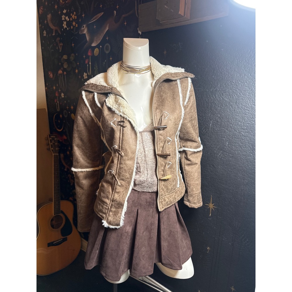 Nine West Brown Faux Shearling Toggle Jacket Distressed Aviator Coat Womens M